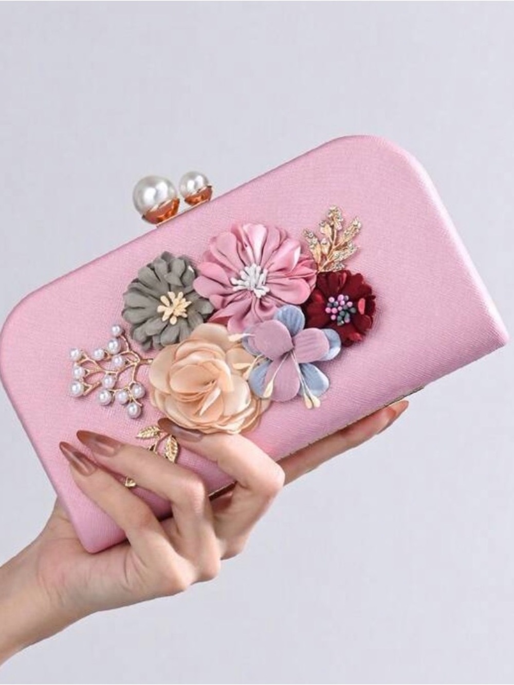 Embellished Pink Floral Clutch Bag